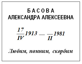 Надпись на памятнике Басовой Александры Алексеевны Петропавловское кладбище. Шуя